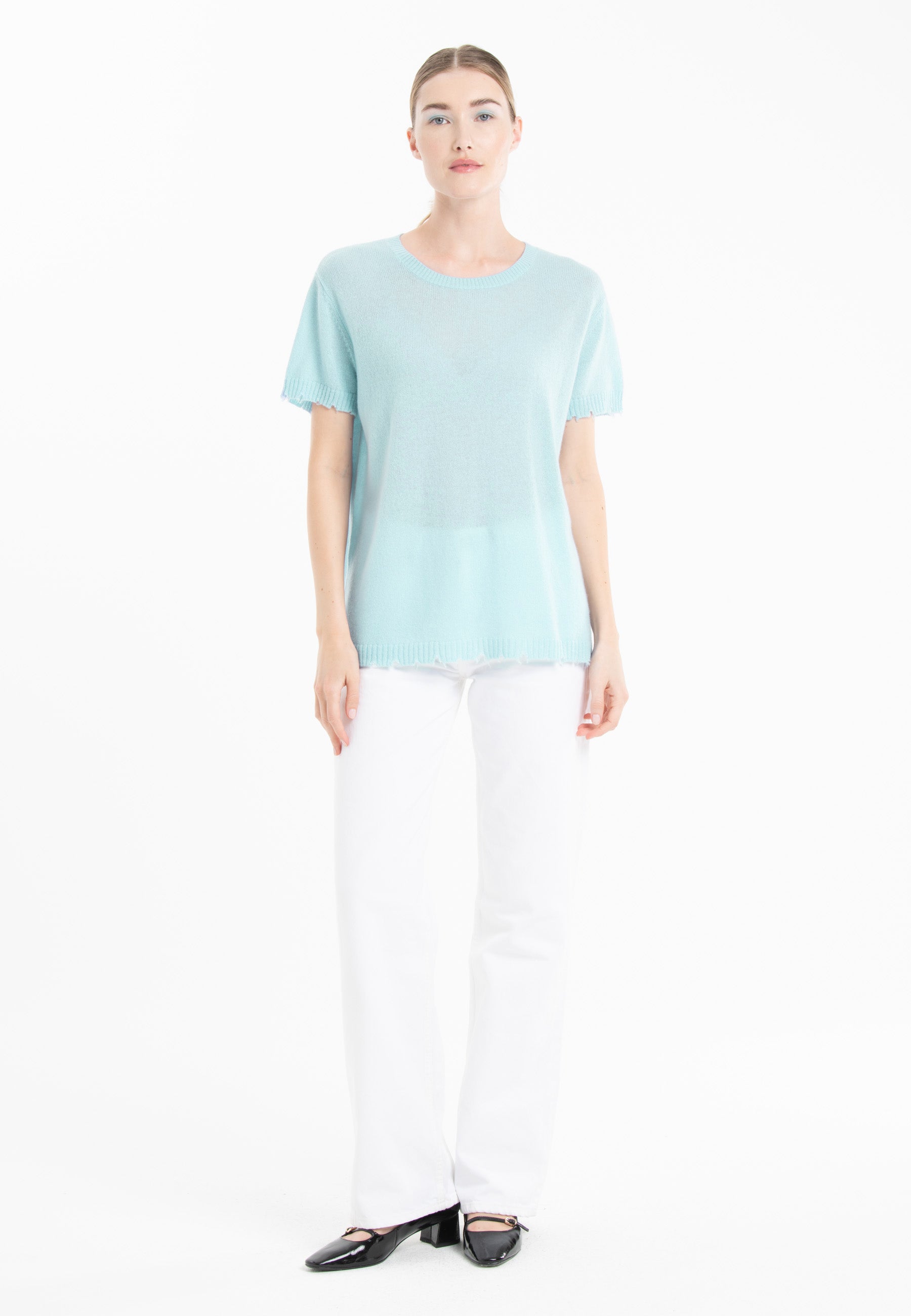T-shirt col rond cachemire turquoise femme - AVA 6-1