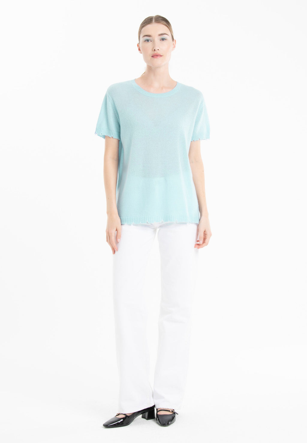 T-shirt col rond cachemire turquoise femme - AVA 6-1