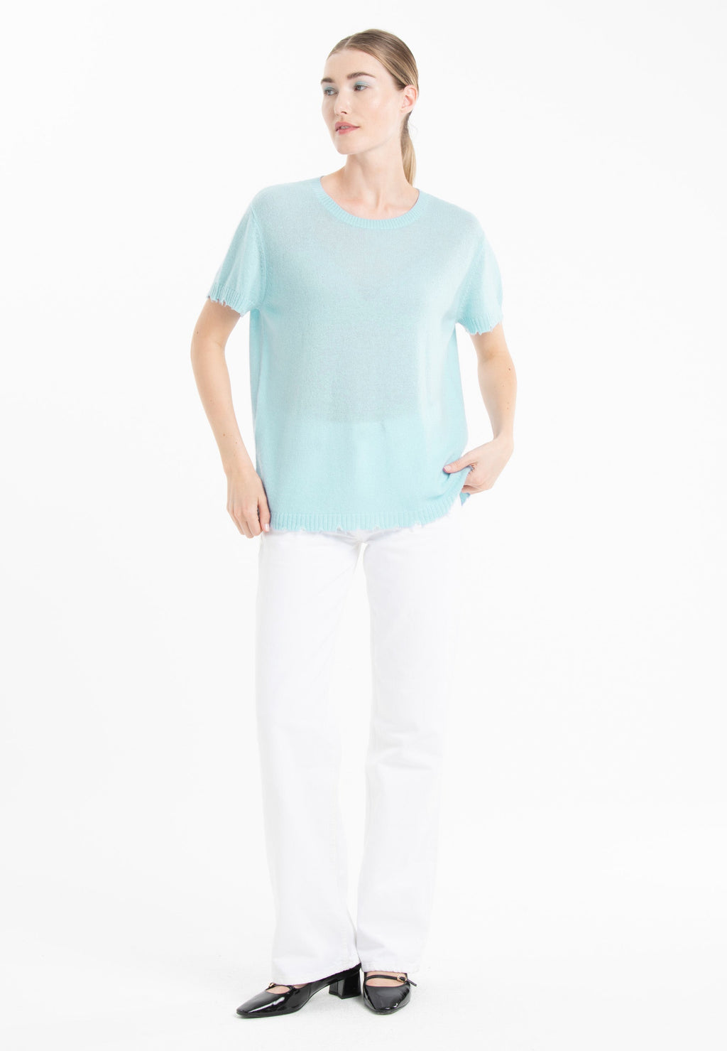 T-shirt col rond cachemire turquoise femme - AVA 6-2