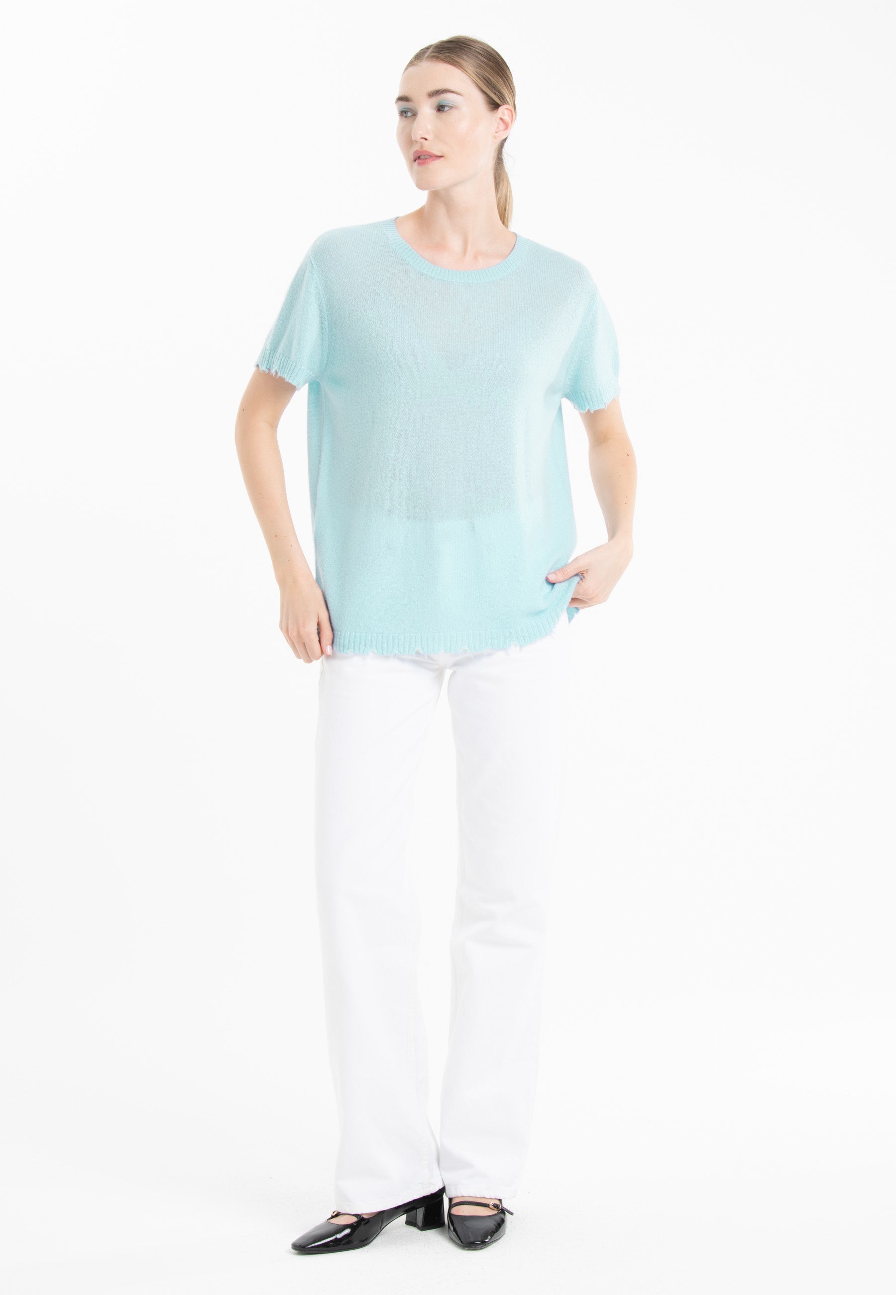 T-shirt col rond cachemire turquoise femme - AVA 6-2