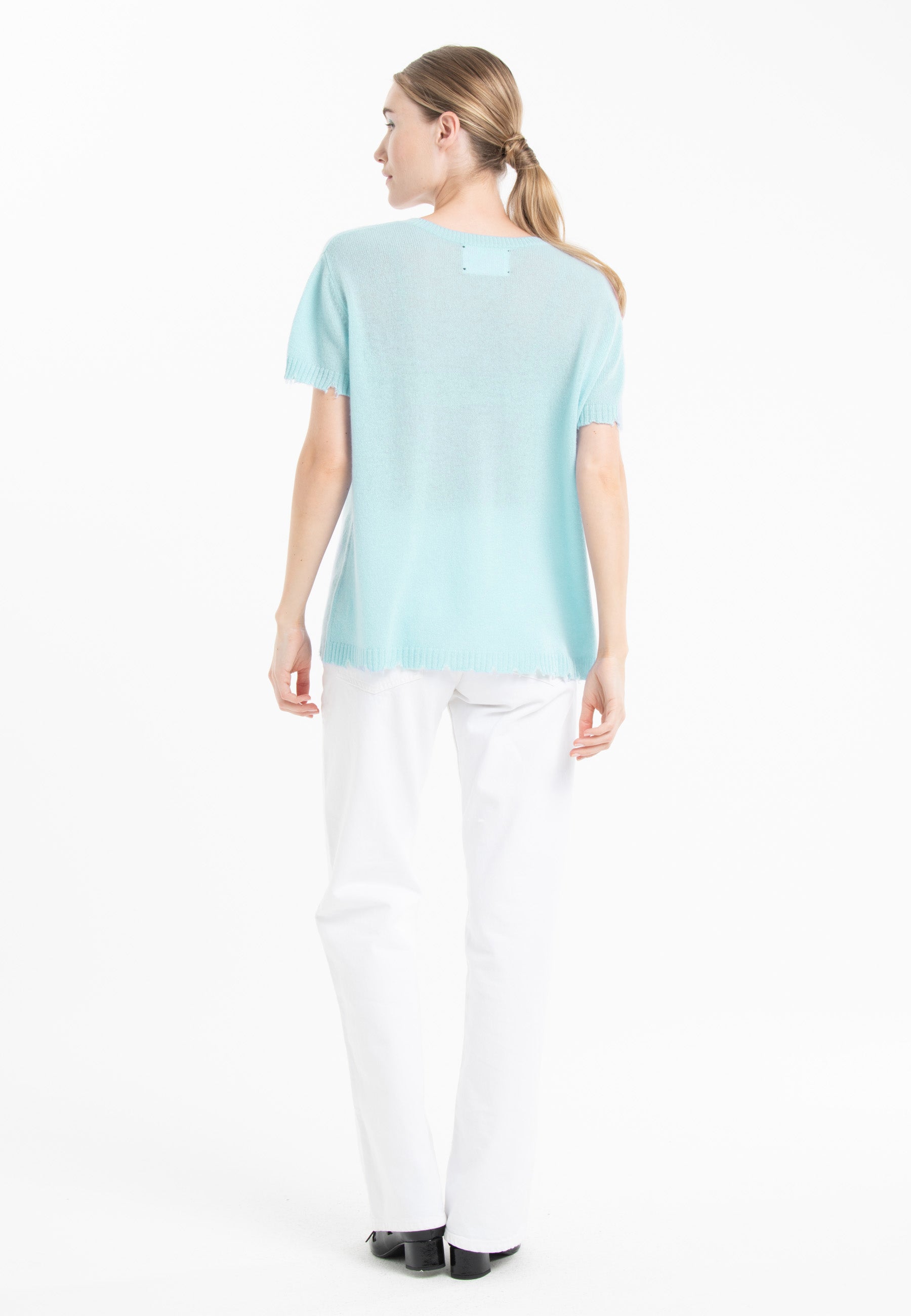 T-shirt col rond cachemire turquoise femme - AVA 6-3