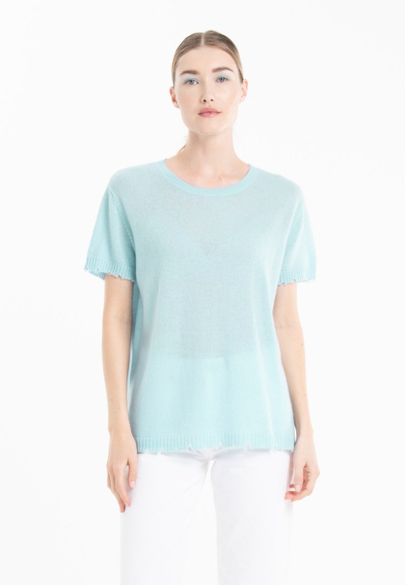 T-shirt col rond cachemire turquoise femme - AVA 6-0